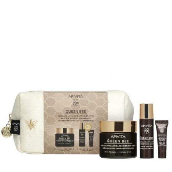 APIVITA Promo με Queen Bee Absolute Anti Aging & Regenerating Cream Κρέμα Αντιγήρανσης Πλούσιας Υφής, 50ml & Anti-Aging Serum Ορός Αντιγήρανσης, 10ml & Anti-Aging Eye Cream Κρέμα Ματιών Αντιγήρανσης, 2ml, 1σετ