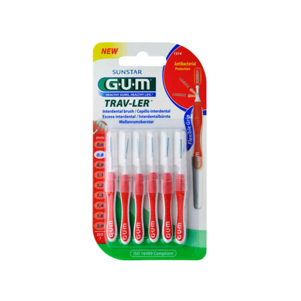 GUM Trav-Ler Interdental Brush (1314) Μεσοδόντιο Βουρτσάκι 0.8mm Κόκκινο, 6τεμ