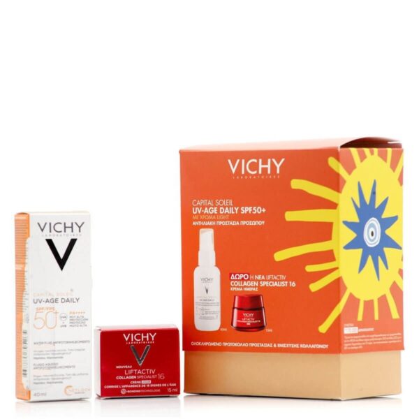 VICHY Promo Capital Soleil Uv-Age Daily SPF50+ Αντηλιακό Προσώπου Καθημερινής Φωτοπροστασίας, Ενάντια Σε Κηλίδες Και Ρυτίδες 40ml Με ΔΩΡΟ Liftactiv Collagen 16 Κρέμα Ημέρας 15ml