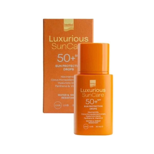 INTERMED Luxurious Sun Protection  Drops SPF50-Λεπτόρευστο Αντηλιακό Γαλάκτωμα Προσώπου Με Ενισχυμένο Συνδυασμό Φωτοσταθερών Φίλτρων 30ML