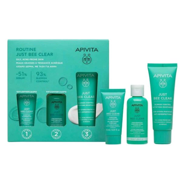 APIVITA Promo Routine Just Bee Clear Για Μείωση Σμήγματος Κατά Των Ατελειών Με Ενυδατική Κρέμα 40ml Και Gel Καθαρισμού 15ml Και Λοσιόν Σύσφιξης Πόρων 50ml