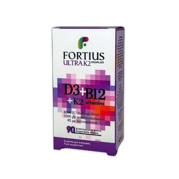 FORTIUS Ultra 4000 IU D3+B12 +K2 90 tabs, Συμπλήρωμα Διατροφής Βιταμίνης D3+B12+K2 90 διασπειρόμενα δισκία