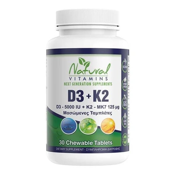 805731994075 NATURAL VITAMINS D3 (5000 IU) & K2 (Mk7-125μg) 30Chew.Tabs - Image 1